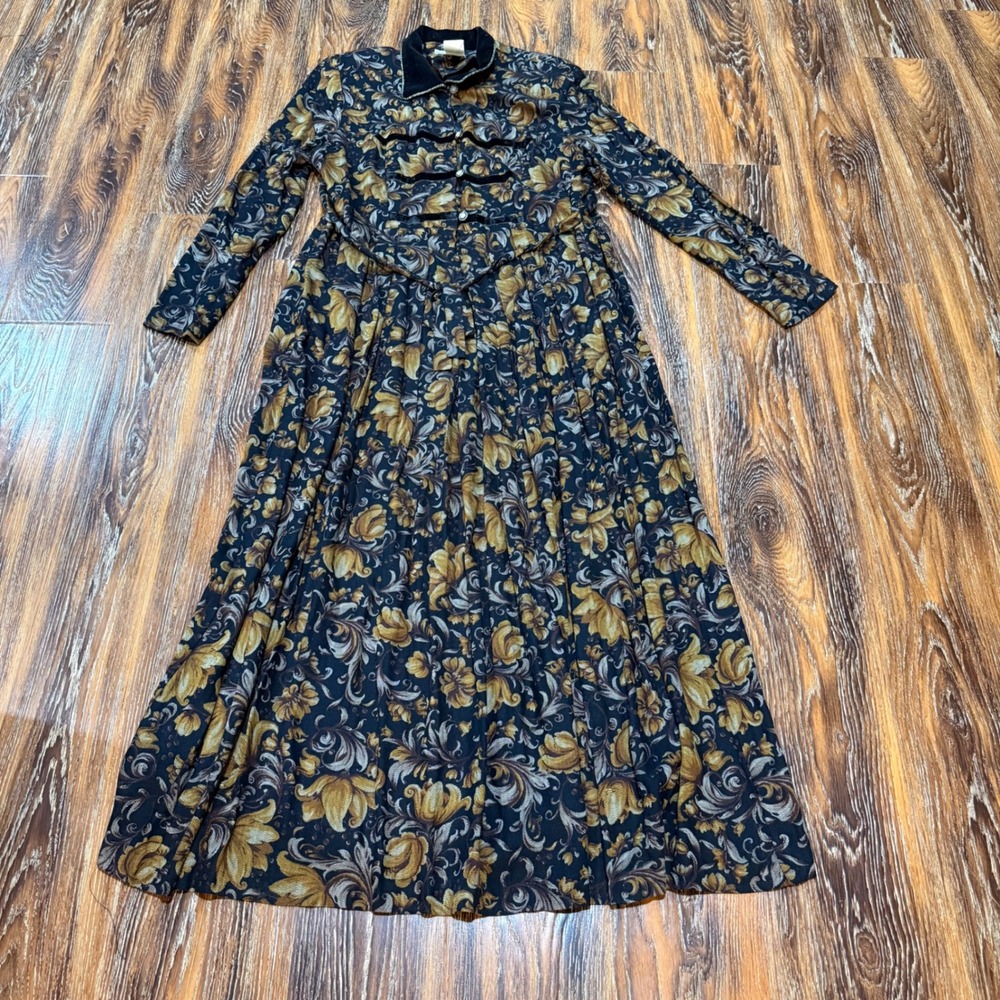 VTG Jessica Howard Size 14 XL Floral Maxi Dress Black Gold Velvet Trim Frog Clos